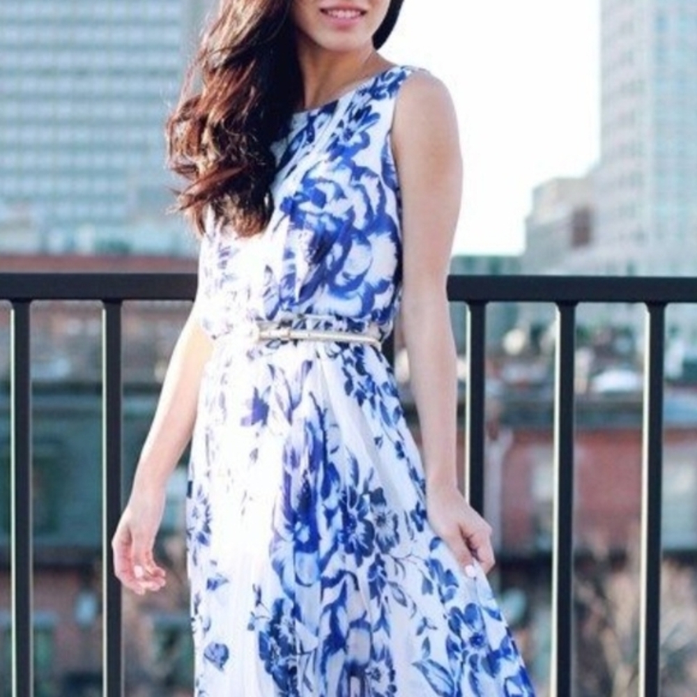 Elija J Floral Blue and White Pleated Dress Tea Length - Picture 2 of 5